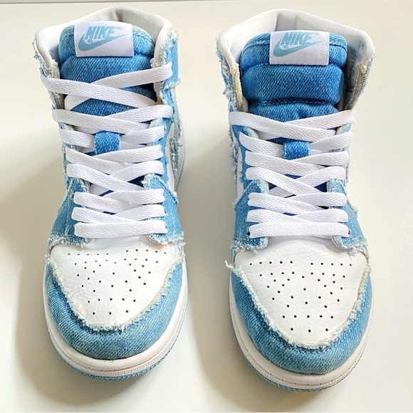 NIKE youth blue denim white leather Air Jordan 1 Retro OG high top sneakers - Picture 4 of 10